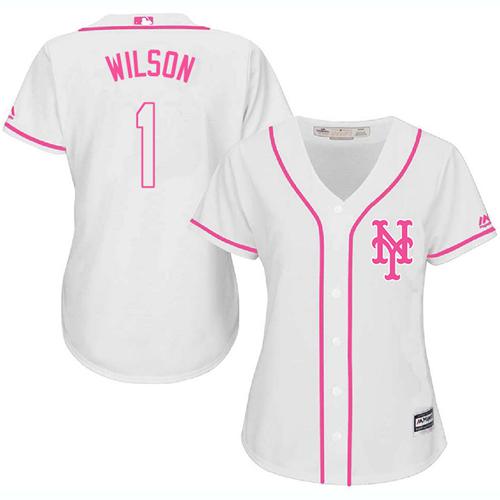 Mets #1 Mookie Wilson White/Pink Fashion Women's Stitched MLB Jersey - Click Image to Close